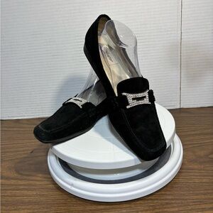 Daisy Fuentes 11M McKenna black leather upper loafers suede w/bling embellished